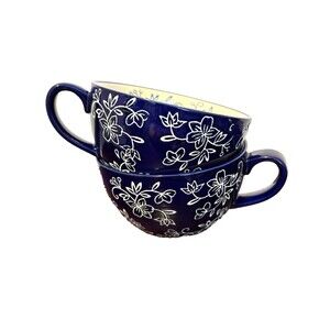 Hand painted 2 cereal/soup bowl Navy Blue white floral lace temptations by Tera